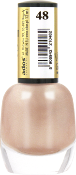 Butelka lakieru do paznokci Ados nr 48, jasny beż z perłowym połyskiem, widok z przodu, złota nakrętka.