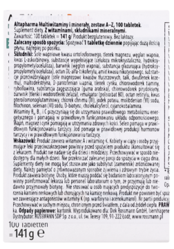 Etykieta Altapharma Multiwitaminy A-Z, 100 tabletek, biało-zielona, z tekstem w języku polskim.