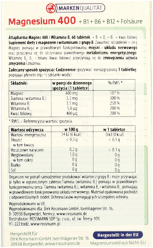 Tył białego opakowania Altapharma Magnez 400 z witaminami B, widoczne tabele składników i wartości.