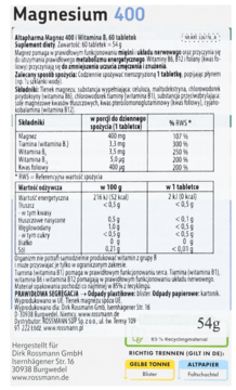 Tył białego opakowania Altapharma Magnez 400, suplement diety. Widać tabelę składników, dawkowanie i wartości odżywcze.