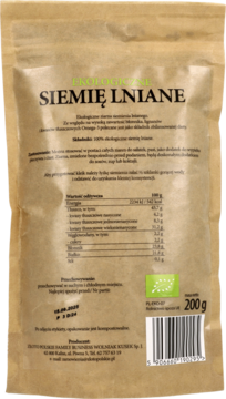 Tylna strona brązowego opakowania z papieru kraft siemienia lnianego Ekologiczne, z tabelą wartości odżywczych.
