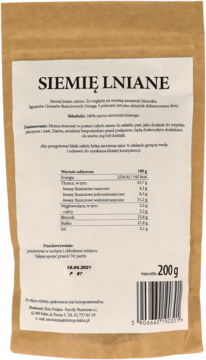 Tył brązowej torebki siemienia lnianego, z białą etykietą zawierającą skład i tabelę wartości odżywczych dla 200g.