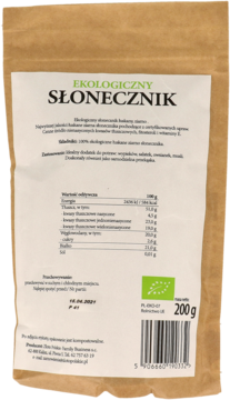 Frontalny widok brązowej papierowej torebki ekologicznych nasion słonecznika z białą etykietą 200g.