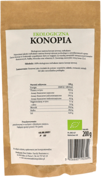 Tył brązowej paczki ekologicznych nasion konopi siewnej niełuskanych 200g z tabelą odżywczą.