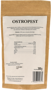Przednia strona brązowej torebki 200g Ostropestu plamistego ziarna, z białą etykietą i czarnym napisem.