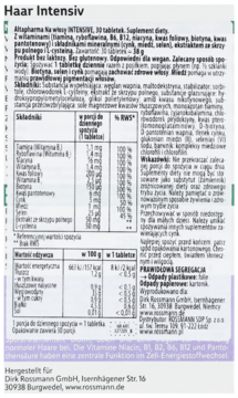 Tył opakowania suplementu Altapharma Haar Intensiv dla włosów, białe, z pełną listą składników i tabelą wartości.
