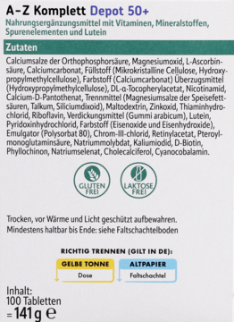 Tył opakowania A-Z Komplett Depot 50+ z listą składników, informacjami o braku glutenu, laktozy i recyklingu.