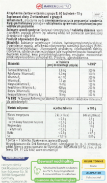 Widok z tyłu opakowania Altapharma Witaminy B, biała etykieta ze składem i tabelami odżywczymi.