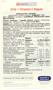 Tył opakowania suplementu Zink + Vitamin C Depot altapharma, biały kartonik z informacjami o składzie i użyciu.