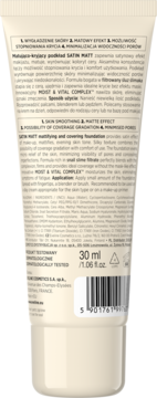 Tył jasnobeżowej tubki matującego podkładu Satin MATT. Widoczne opisy, skład i kod kreskowy. 30 ml.