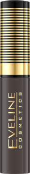 Eveline Cosmetics maskara do brwi, ciemna tubka ze złotym prążkowanym wieczkiem, widok z przodu.