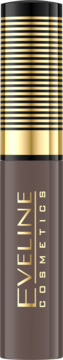 Eveline Cosmetics maskara do brwi w brązowo-złotej tubce, z pionowym napisem, widok z przodu.
