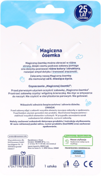 Tył białego opakowania zabawki Magiczna ósemka, z tekstem o rozwoju dziecka i niebieskimi instrukcjami.