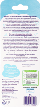 Tył opakowania zestawu sztućców dla dzieci, biało-niebieskie tło z polskim tekstem, zielonymi ikonami i kodem kreskowym.