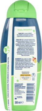 Tył butelki Isana Kids 3-w-1 Football Star (300ml) w zielono-niebieskich barwach, z listą składników i kodem kreskowym.