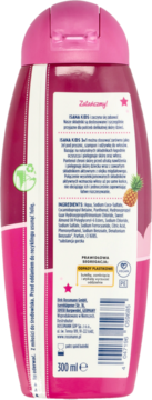 Tył różowej butelki szamponu ISANA KIDS 300ml, z polską etykietą, składem, recyklingiem i ananasem.