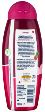 Tył różowej butelki SLANNA KIDS szamponu/żelu 500 ml, etykieta ze składnikami i ananasem, widok centralny.