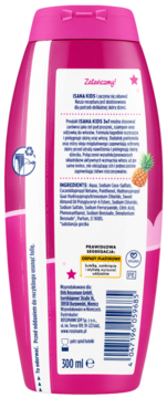 Tył różowej butelki szamponu Isana Kids 3w1 dla dzieci, widoczna lista składników, kod kreskowy i symbol recyklingu.