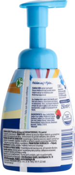 Tył butelki ISANA KIDS pianka do mycia 250ml, niebieska pompka, widoczne składniki, grafika owoców.