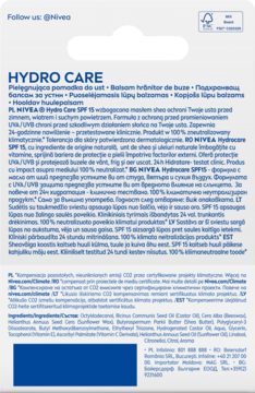 Tył opakowania balsamu do ust NIVEA Hydro Care z wielojęzycznym opisem produktu i składnikami.