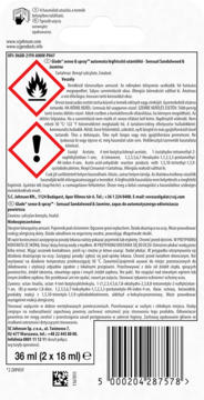 Tył opakowania automatycznego odświeżacza Glade Sense & Spray, zapach sandałowy, ostrzeżenia i tekst.