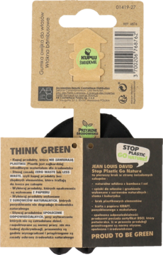 Opakowanie ekologicznej gumki do włosów z włókien bambusowych, widok z tyłu na papierze kraft, napis 'Stop Plastic Go Nature'.