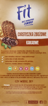 Tył brązowego opakowania ciasteczek Sante Fit zbożowych kakaowych, z listą korzyści bez cukru.