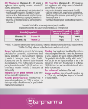 Etykieta suplementu Starpharma Witamina D3 + K2 Strong, szczegółowy opis produktu po polsku i angielsku.