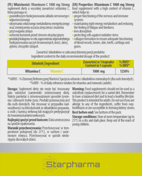 Tył opakowania Starpharma Witamina C 1000mg Strong, z tabelą składników, ostrzeżeniami PL/EN.