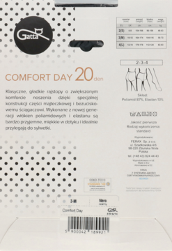 Gatta Comfort Day 20 den rajstopy, tył opakowania z polskim opisem, składem (poliamid, elastan) i rozmiarem.