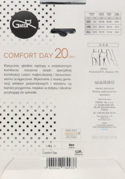 Tył opakowania rajstop Gatta Comfort Day 20 den, czarnych, z polskim opisem i tabelą rozmiarów.