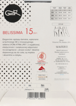Tył opakowania rajstop Gatta BELISSIMA 15 den, z opisem włókna Lycra Xtra Life, składem i tabelą rozmiarów.