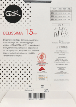 Opakowanie rajstop Gatta BELISSIMA 15 den, widok z tyłu, z opisem technologii 3D i Lycra Xtra Life.