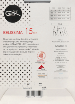 Tył białego opakowania rajstop Gatta BELISSIMA 15 den, z opisem produktu, tabelą rozmiarów i kodem kreskowym.