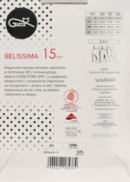 Tył opakowania rajstop Gatta BELISSIMA 15 den z opisem Lycra Xtra Life, tabelą rozmiarów i informacjami.