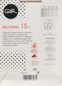 Tył opakowania rajstop damskich Gatta BELISSIMA 15 den, z tabelą rozmiarów i składem materiału.