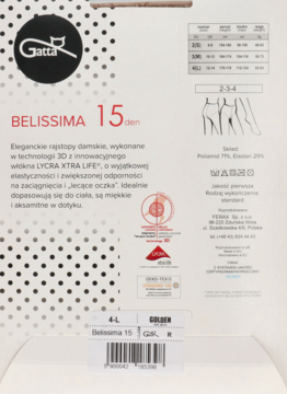 Biały tył opakowania rajstop Gatta BELISSIMA 15 den GOLDEN, z opisem Lycra Xtra Life i tabelą rozmiarów.