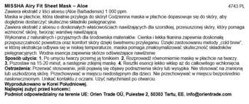 Szczegółowy polski opis maseczki MISE EN SCENE Airy Fit Sheet Mask - Aloe na białej etykiecie.