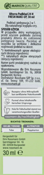 Tył opakowania Alterra 24H Fresh Make-Up 30ml, zielone tło, tekst PL/DE, podkład + pielęgnacja 2w1.