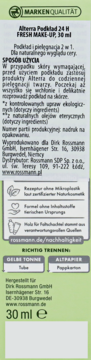 Tył opakowania Alterra 24H Fresh Make-Up 30ml. Zielono-beżowe tło, białe bloki tekstu z opisem użycia i recyklingu.