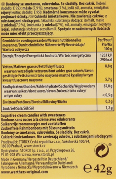 Tył opakowania cukierków śmietankowych Werther's Original bez cukru, z pełną tabelą wartości odżywczych.