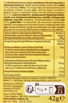 Tył złotego opakowania bezcukrowych cukierków Werther's Original o smaku czekoladowym, z tabelą wartości odżywczych i składem.