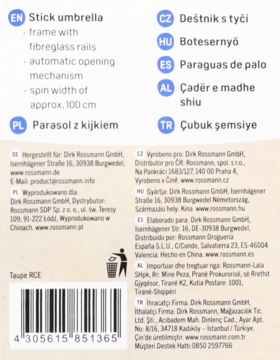 Tył opakowania parasola laski z informacjami o produkcie w wielu językach, kodem kreskowym i ikoną recyklingu.