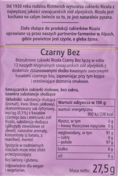 Tylne opakowanie fioletowych bezcukrowych cukierków Ricola Czarny Bez, z informacjami o składzie i wartościach.