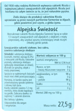 Tył opakowania bezcukrowych cukierków Ricola Alpejska Świeżość miętowych, z listą składników i tabelą odżywczą.