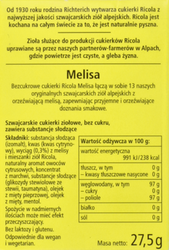 Żółte opakowanie cukierków Ricola Melisa, bez cukru, tył, z danymi odżywczymi i składnikami.