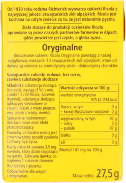 Tył żółto-zielonego opakowania cukierków Ricola ziołowych, bez cukru, z Alp. Widoczne składniki i wartości odżywcze.