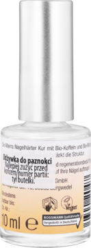 Tył szklanej buteleczki Alterra odżywki do paznokci 10 ml, z beżową etykietą, napisem 'Vegan' i informacjami.