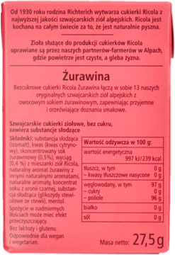 Tył opakowania bezcukrowych cukierków Ricola Żurawina z listą składników i wartościami odżywczymi.