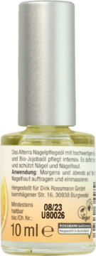 Tył butelki Alterra Nagelpflegeöl z bio-jojoba, żółty olejek do paznokci i skórek. Widoczny opis, 10ml, data 08/23.